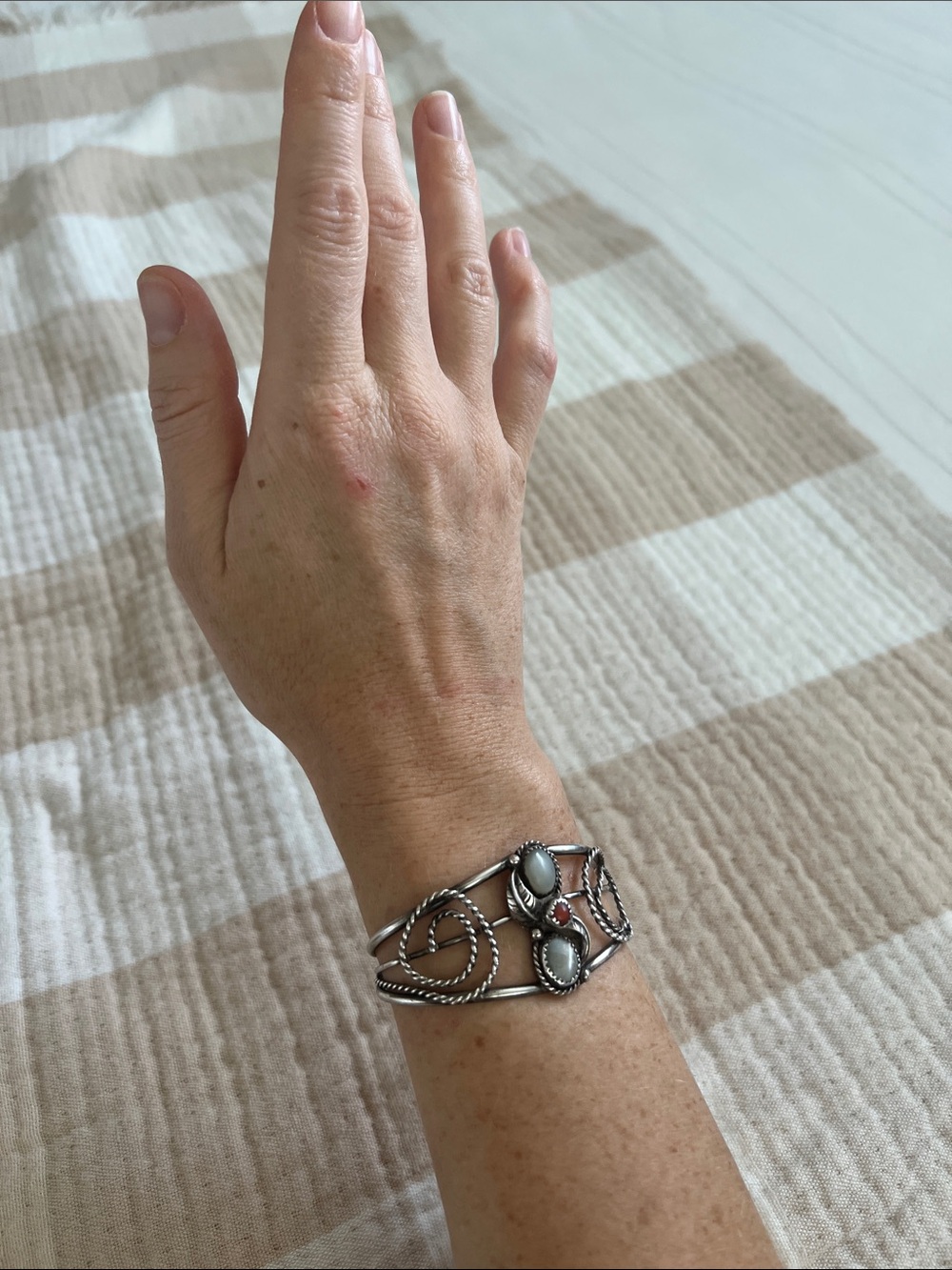 Sterling Silver Cuff Bracelet with MOP & coral
